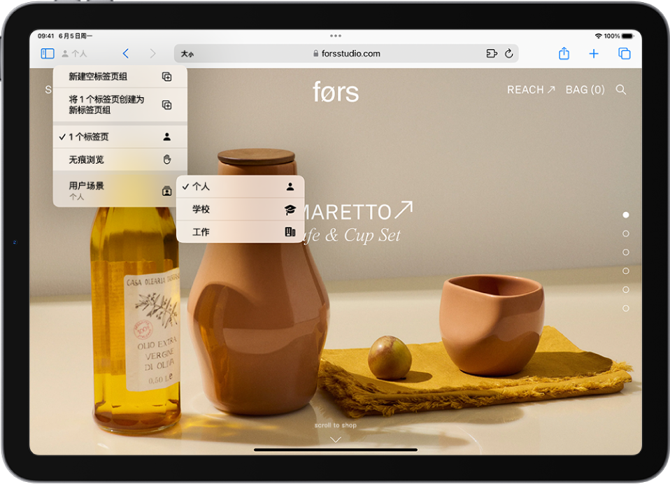 在 Safari 浏览器中,搜索栏左侧的“标签页组”菜单已打开。菜单底部的“用户场景”已选中,另一个菜单显示“个人”、“学校”和“工作”选项。