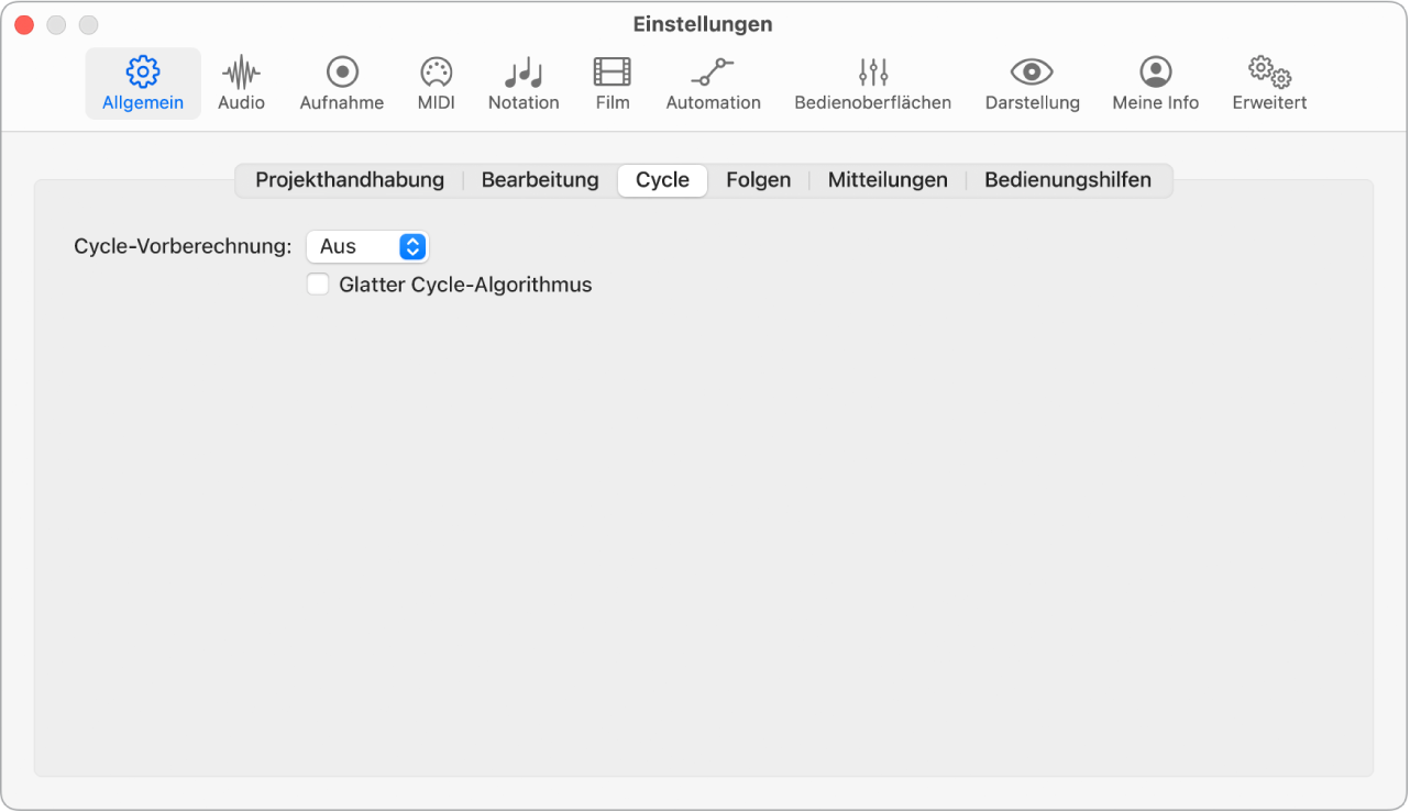 Abbildung. Einstellungsbereich „Allgemein“ > „Cycle“.