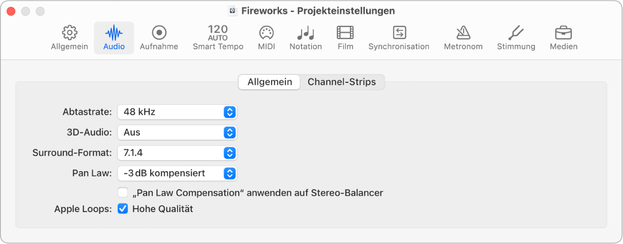 Abbildung. Projekteinstellungsbereich „Audio“ > „Allgemein“.