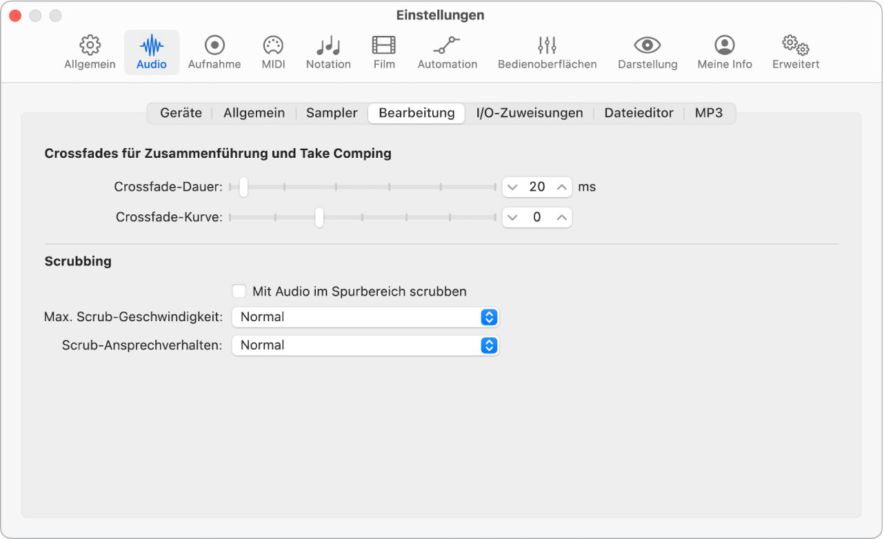 Abbildung. Einstellungsbereich „Audio“ > „Bearbeitung“