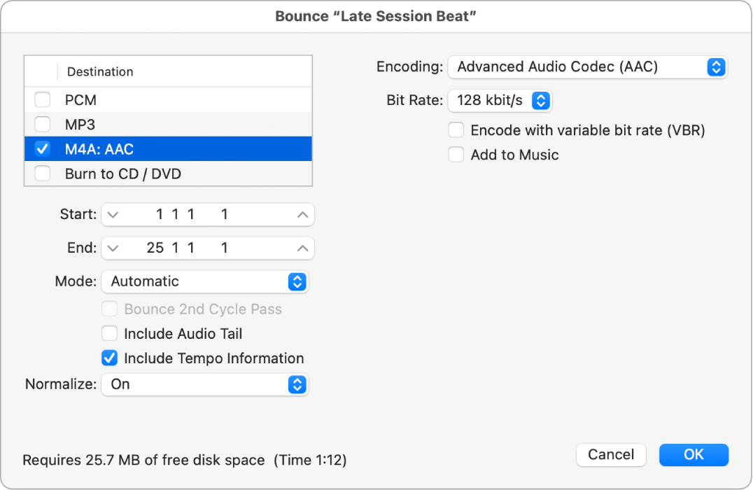 Figure. M4A AAC file options in the Bounce window.