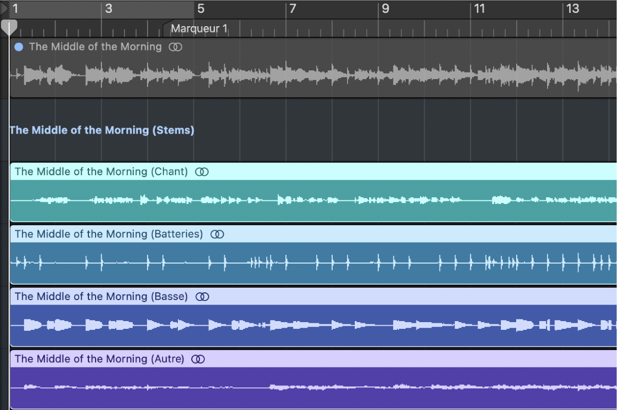 Figure. Zone Piste affichant une Track Stack avec des stems comme sous-pistes.