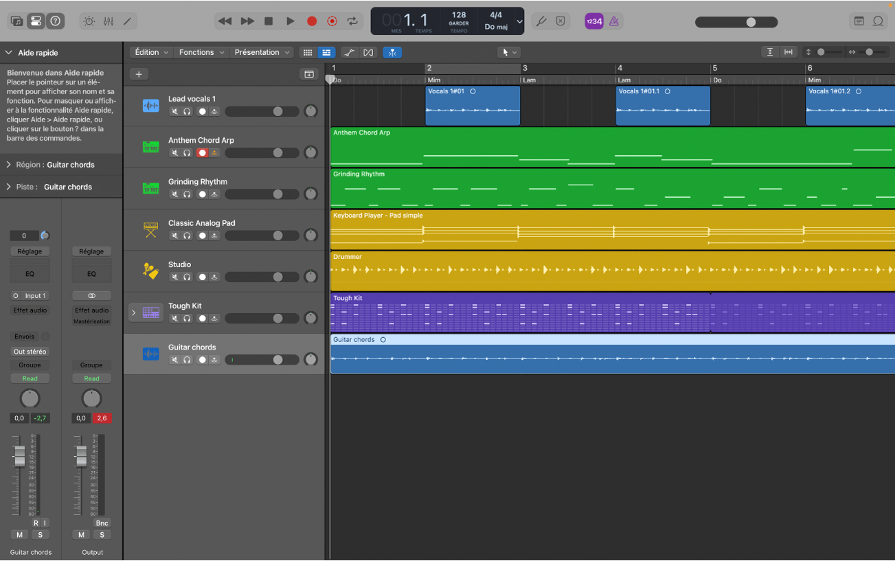 Figure. Zone Pistes affichant des régions audio, d’instrument logiciel et Session Player.