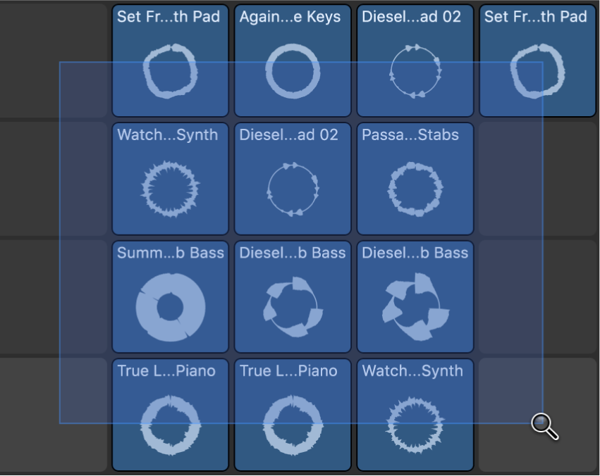 Figure. Grille des Live Loops montrant une sélection de cellule établie à l’aide de l’outil Zoom.