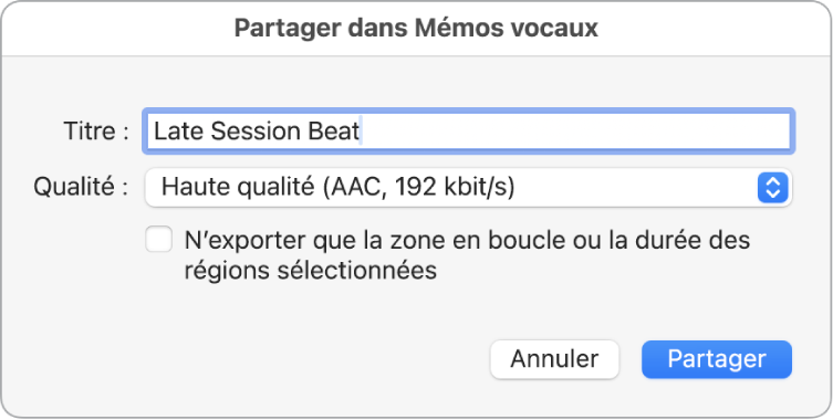 Zone de dialogue « Partager dans Mémos vocaux ».