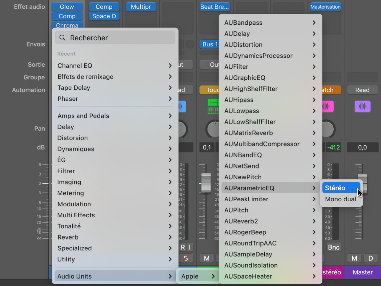 Sous-menu Audio Units du menu Modules.