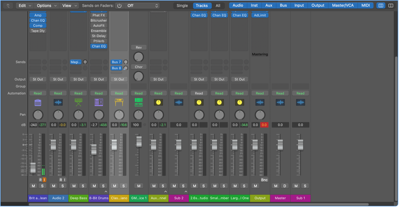 Figure. The Mixer, showing audio, software instrument, auxiliary, output, and master channel strips.