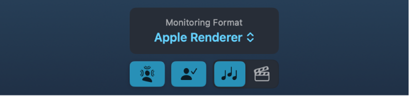 Figure. Spatial Audio Monitoring window with Apple Renderer selected, showing the four Apple Renderer buttons.