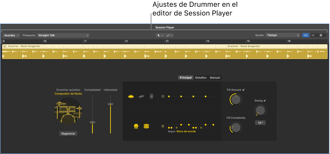 Ilustración. El editor de Session Player con ajustes de Drummer.