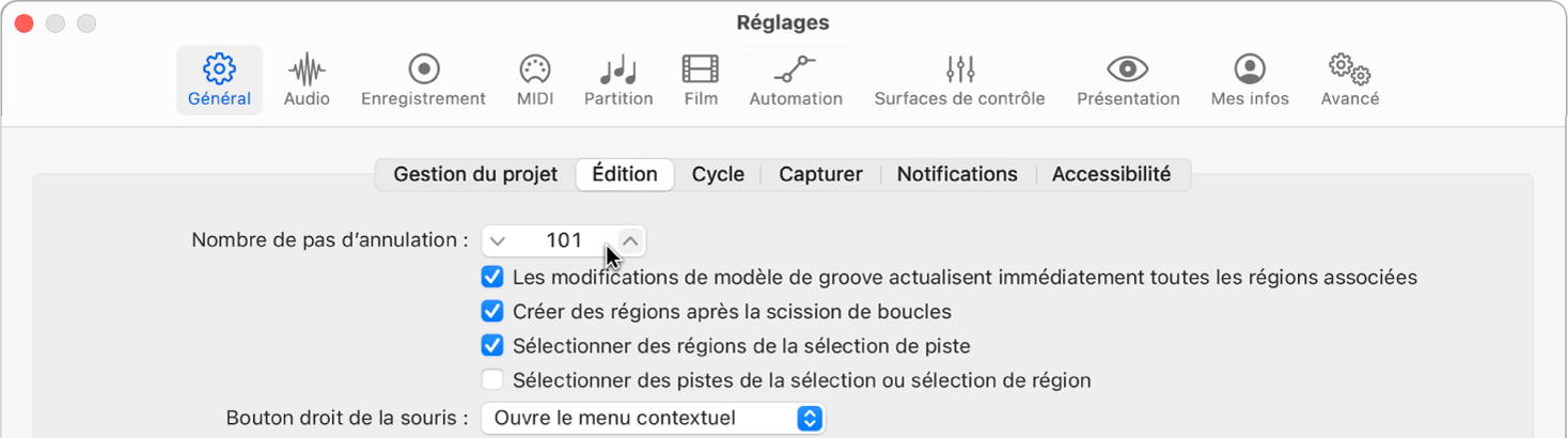 Figure. Champ « Nombre d’annulations possibles » dans la sous-fenêtre Édition des réglages généraux.