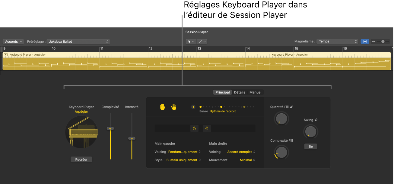 Figure. Éditeur de Session Player avec réglages Keyboard Player.