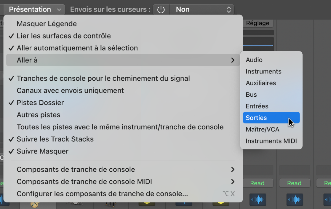 Figure. Sous-menu « Aller à » dans le menu Présentation de la table de mixage.