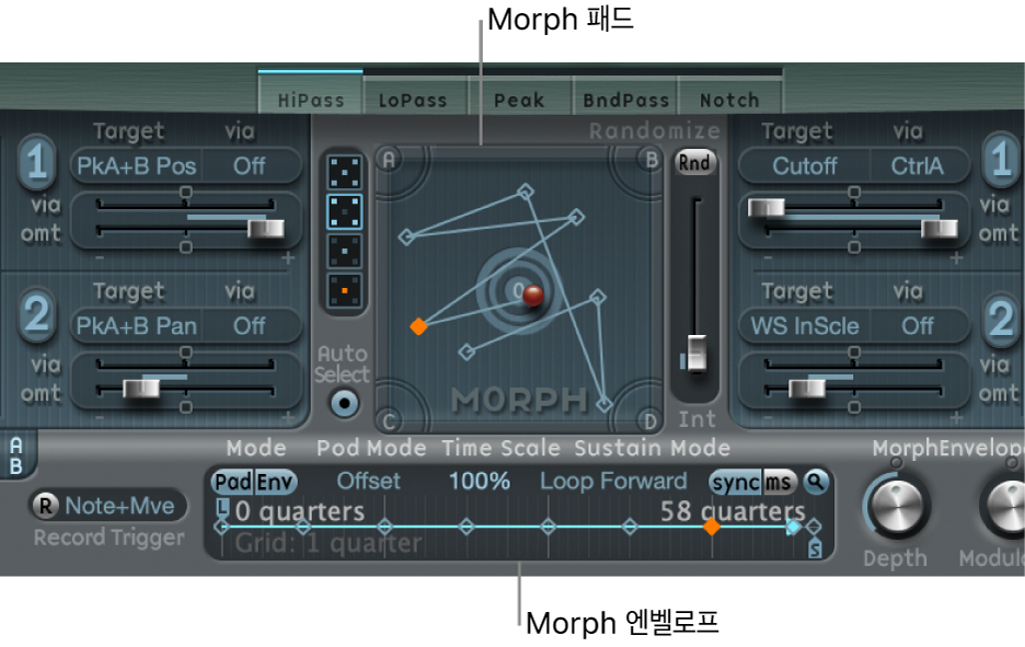 그림. Morph 패드 및 Morph 엔벨로프. 둘 다 선택한 지점을 보여줍니다.