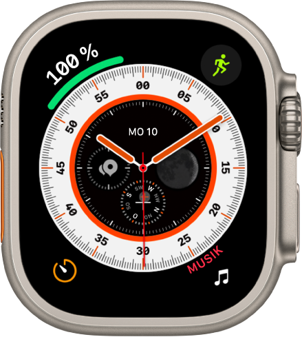 Das Zifferblatt „Wegweiser“ zeigt eine analoge Uhr mit der Komplikation „Batterie“ oben links, „Training“ oben rechts, „Timer“ unten links und „Musik“ unten rechts. Etwa in der Mitte des Zifferblatts befinden sich vier Komplikationen – „Datum“ oben, „Erde“ rechts, „Kompass“ unten und „Kompass-Wegpunkte“ links.