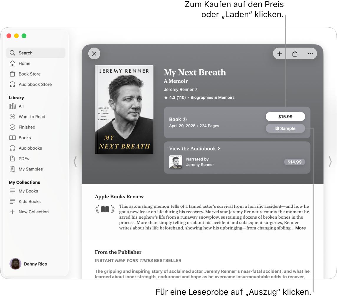 Ein Fenster, das ein Buch im Book Store der App „Bücher“ anzeigt. Rechts wird die Seite des Buchs angezeigt zusammen mit Optionen, das Buch oder das Hörbuch zu kaufen oder es Probe zu lesen. Das Fenster enthält außerdem Rezensionen sowie eine Anmerkung des Verlags.
