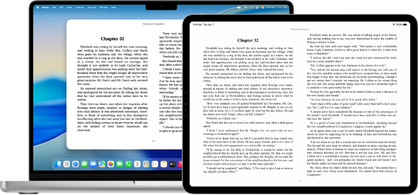 A Mac screen and an iPad screen showing the same page of a book in the Books app.