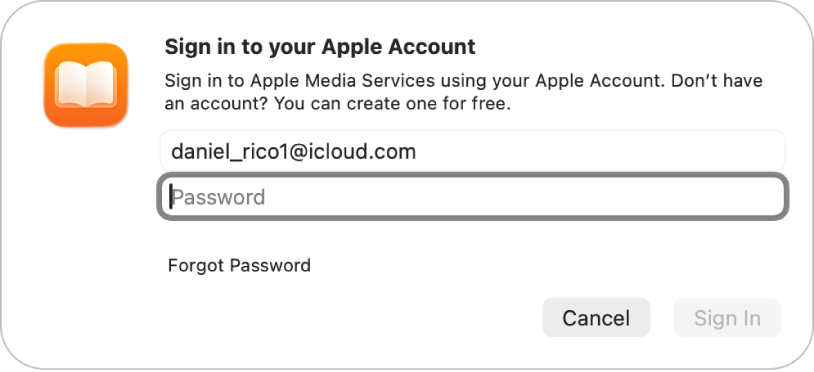 Dialogul „Autentificați‑vă în contul dvs. Apple” din Cărți.