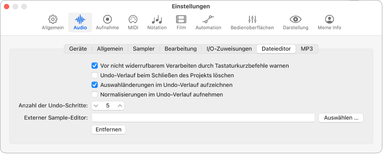 Abbildung. Einstellungsbereich „Audio“ > „Dateieditor“