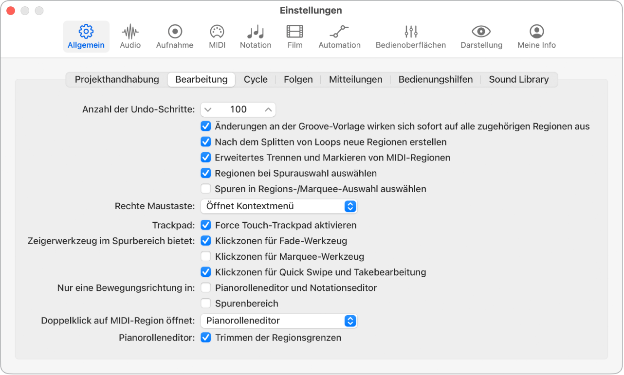 Abbildung. Einstellungsbereich „Allgemein“ > „Bearbeitung“.