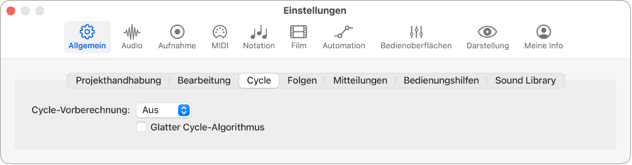 Abbildung. Einstellungsbereich „Allgemein“ > „Cycle“.