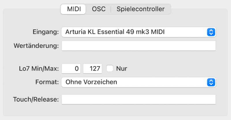 Abbildung. Parameter des MIDI-Input-Befehls in der Ansicht „Erweitert“.