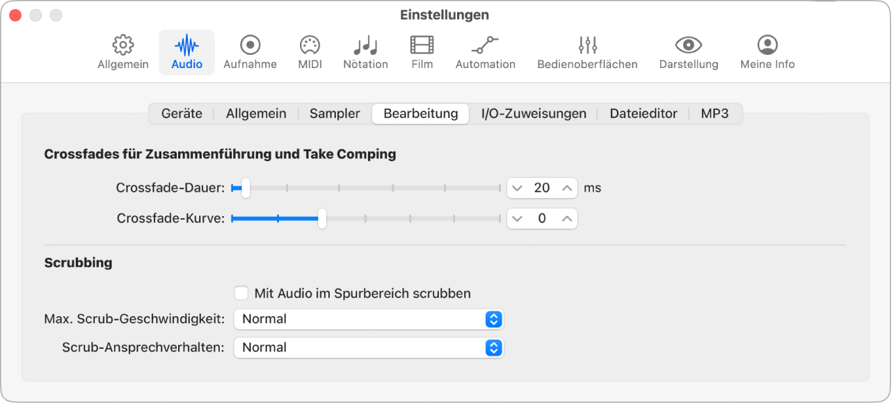 Abbildung. Einstellungsbereich „Audio“ > „Bearbeitung“