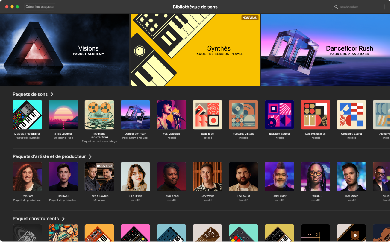 Figure. Bibliothèque de sons dans Logic Pro pour Mac.