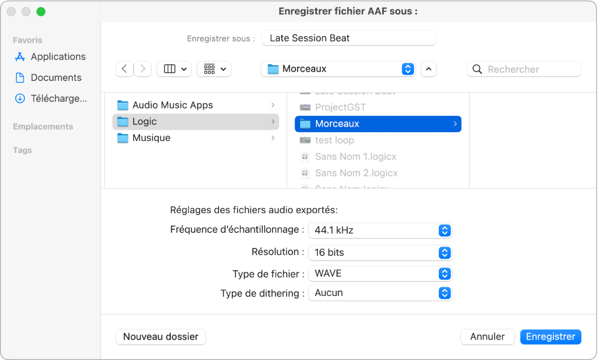 Zone de dialogue « Enregistrer fichier AAF sous ».