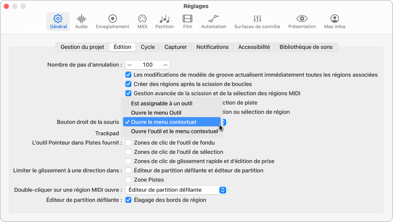 Figure. Menu « Bouton droit de la souris » dans la sous-fenêtre Édition des réglages générau.