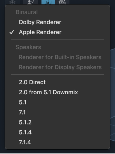 Figure. Menu local Monitoring Format avec Apple Renderer sélectionné comme format de monitoring.