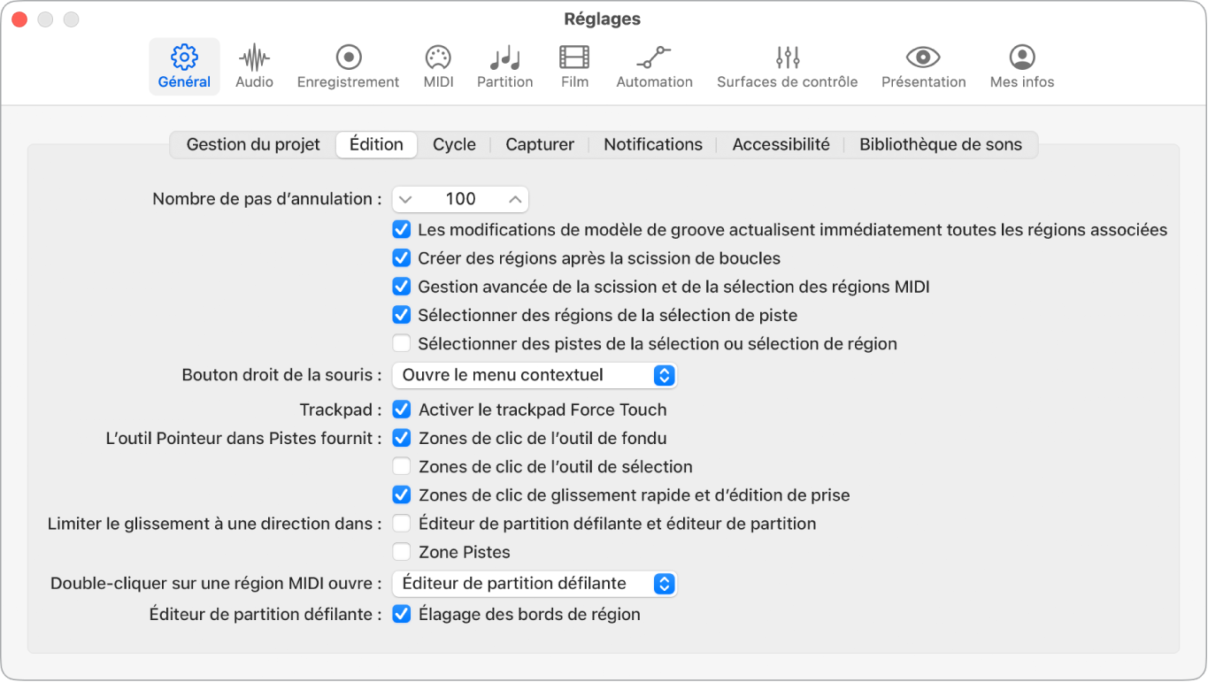 Figure. Champ « Nombre d’annulations possibles » dans la sous-fenêtre Édition des réglages généraux.