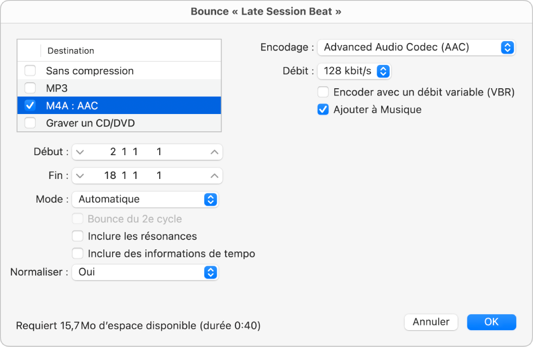 Figure. Options de bounce M4A : Options de fichier AAC dans la zone de dialogue Bounce.