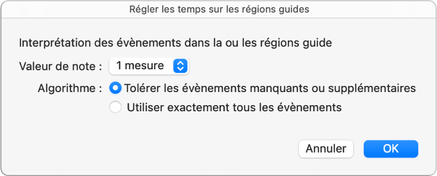 Figure. Zone de dialogue « Régler les temps sur les régions guides ».