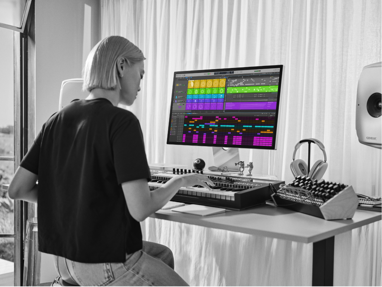 Mac Studioの画面に表示されたLogic Proプロジェクト。ユーザはMIDIキーボードを演奏しています。