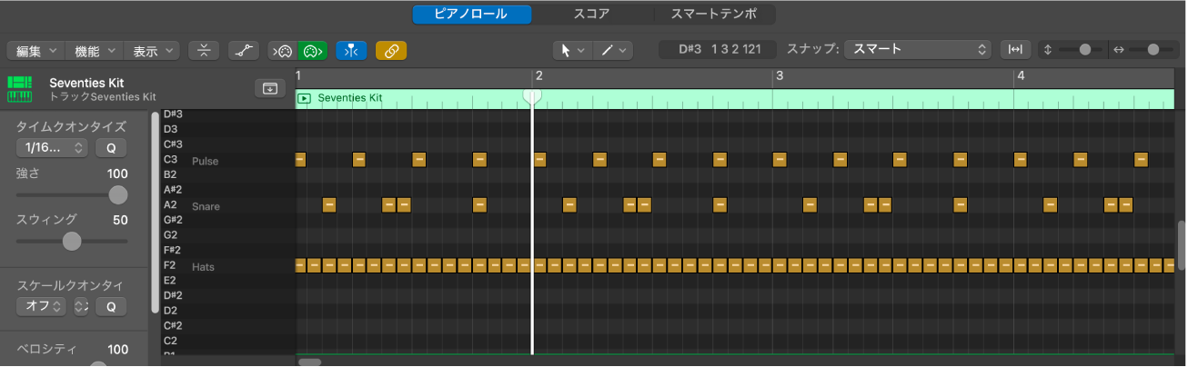 図。ピアノロールウインドウ。キーラベルの名前が表示されています。
