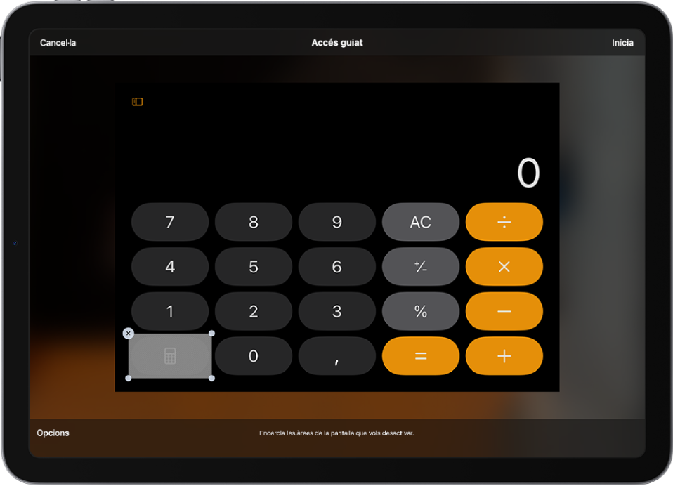 Una pantalla d’iPad en què es mostra com es configura l’accés guiat. L’iPad es bloqueja temporalment amb només l’app Calculadora i s’ha desactivat un dels botons de l’app.