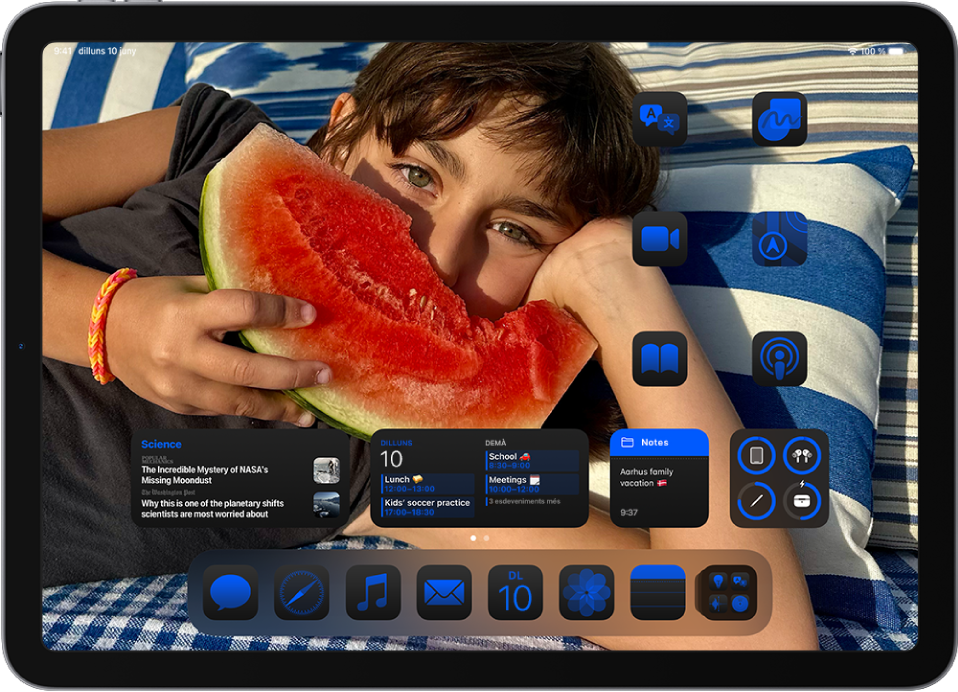 Pantalla d’inici de l’iPad. Les apps apareixen en el mateix color a la part inferior i a les vores laterals de la pantalla i s’adiuen amb el color de la foto del fons.