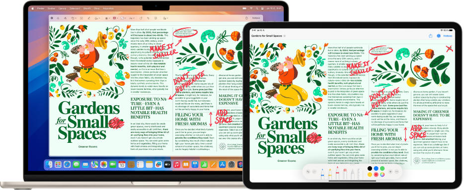 MacBook Air a iPad vedle sebe. Na obou se zobrazuje článek plný červených rukopisných úprav, například přeškrtaných vět, šipek a připsaných slov. Na iPadu jsou vidět také anotační nástroje u dolního okraje displeje.