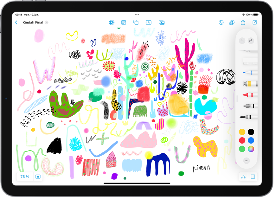 En iPad med appen Freeform og dens menu med tegneværktøjer åben. Tavlen indeholder håndskrift og tegninger.