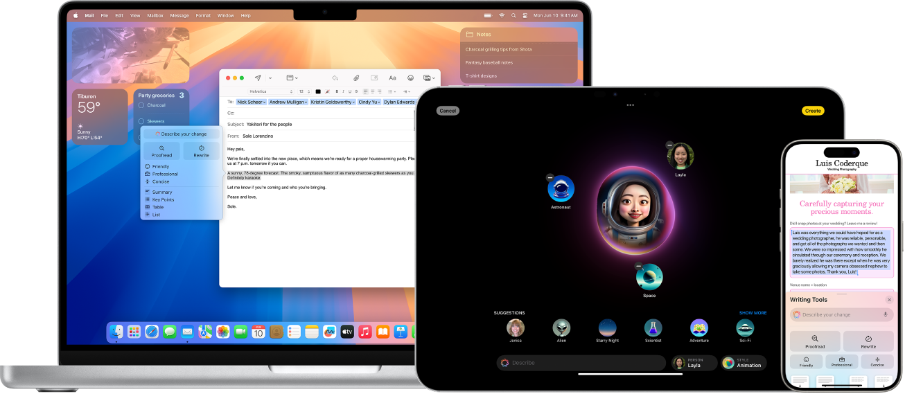 Apple Intelligence-Funktionen werden auf einem Mac, iPad und iPhone angezeigt.