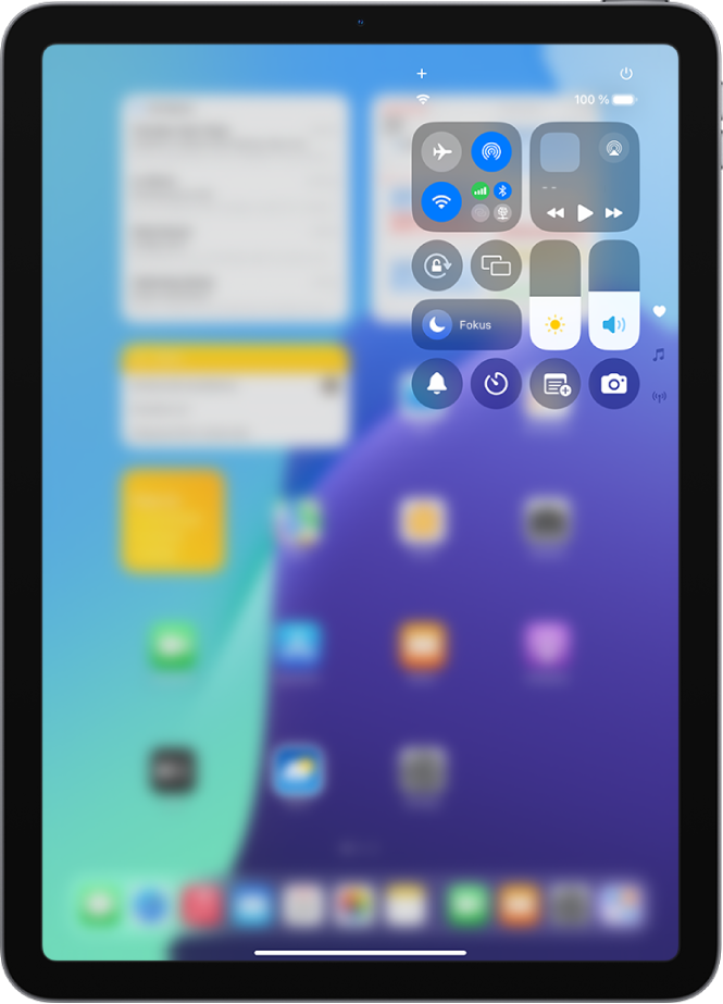 Das iPad-Kontrollzentrum. Steuerelemente für den Flugmodus, das Mobilfunknetz, WLAN und Bluetooth befinden sich bei iPad-Modellen mit Wi-Fi + Cellular in der Gruppe oben links im Kontrollzentrum. Das Kamerasymbol befindet sich unten rechts.