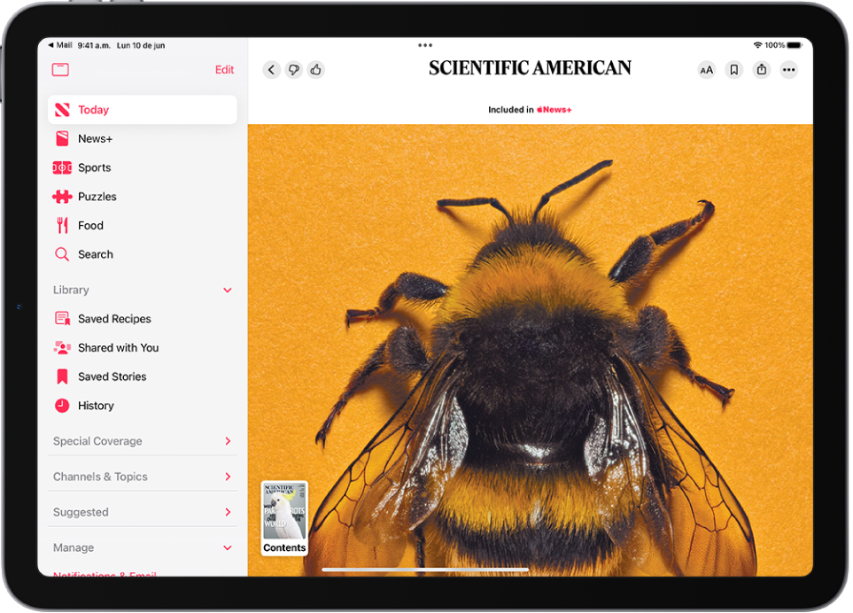 Artículo de revista de Apple News+ con una imagen en miniatura de la revista en la esquina inferior izquierda. La barra lateral está a la izquierda con el canal Today resaltado.