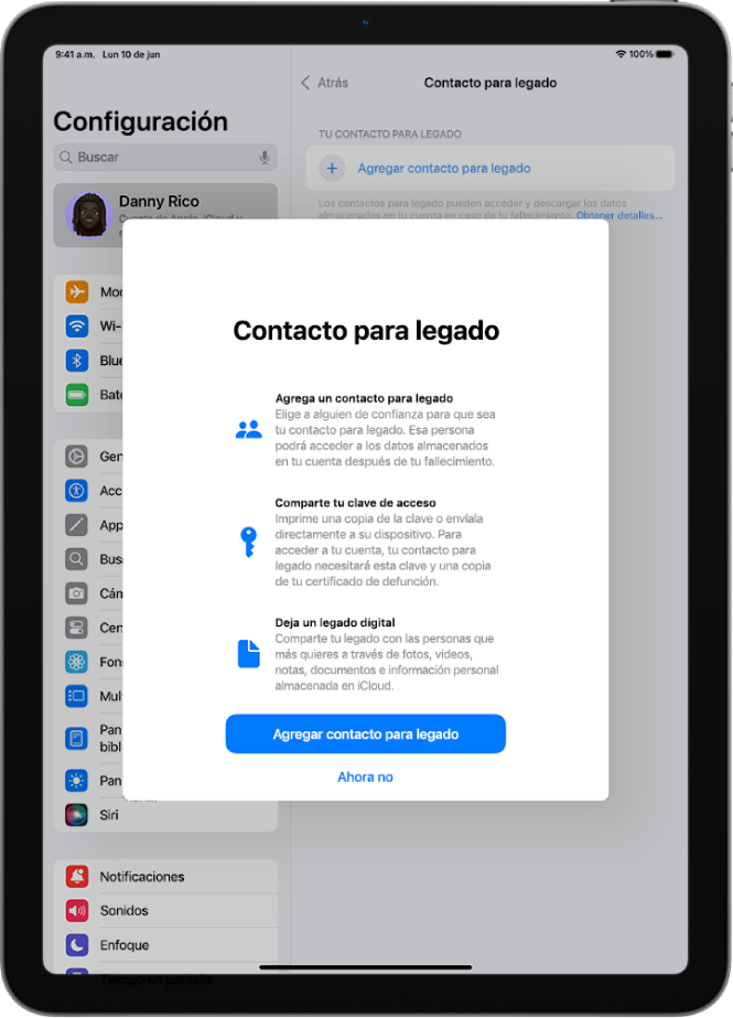 La pantalla Contacto para legado con información sobre la función. El botón Agregar contacto para legado se encuentra en la parte inferior.