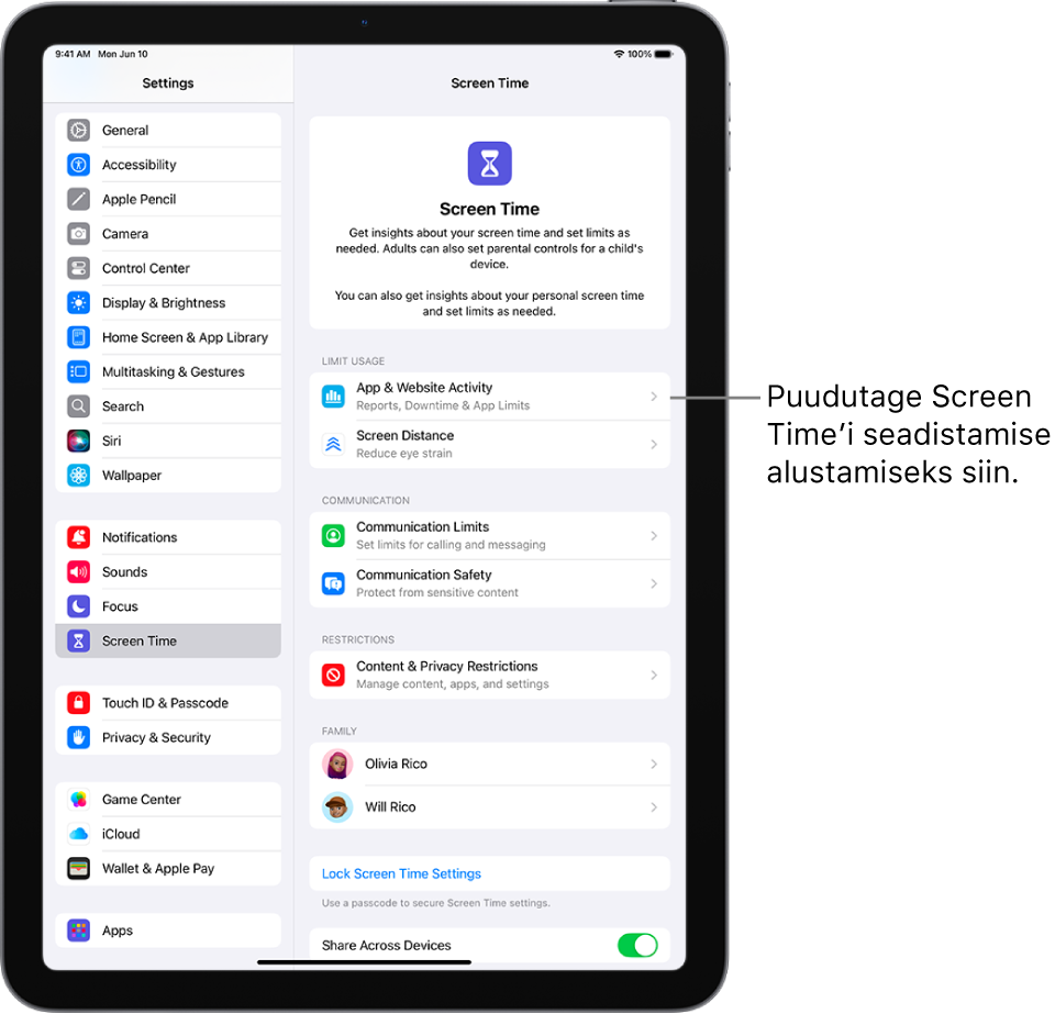 Screen Time’i seadistamise kuva, kus näidatakse alustamiseks nupu App & Website Activity puudutamist.