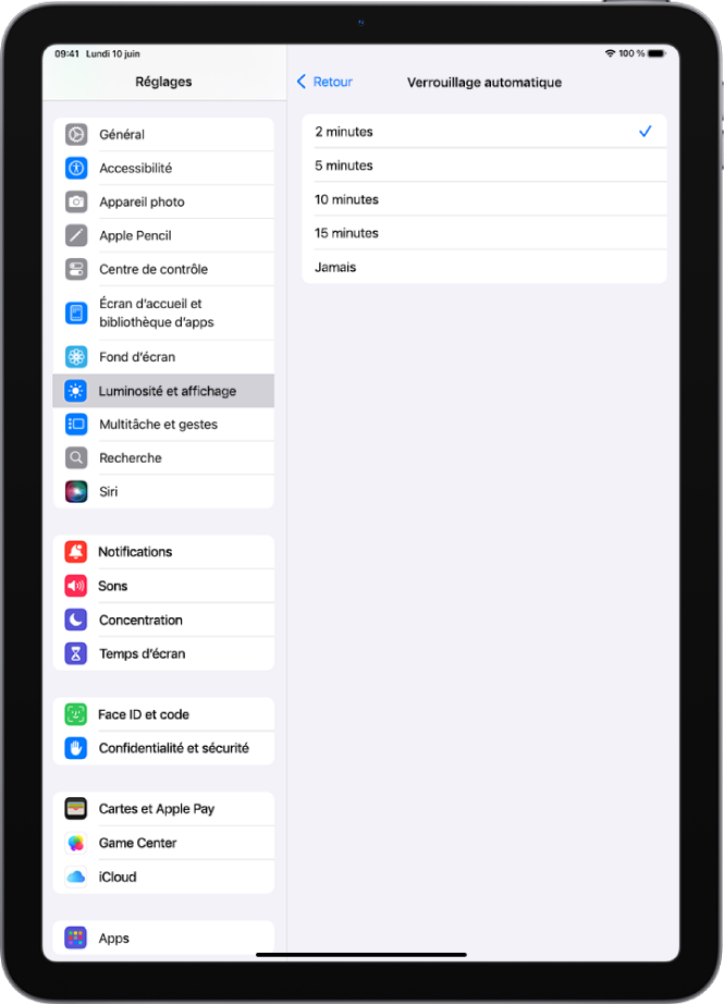 L’écran de verrouillage automatique, avec les réglages de la durée avant laquelle l’iPad se verrouille automatiquement.