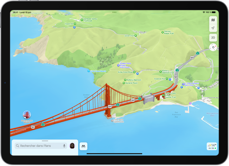 Plan en 3D dans l’app Plans, affichant un pont et un parc.