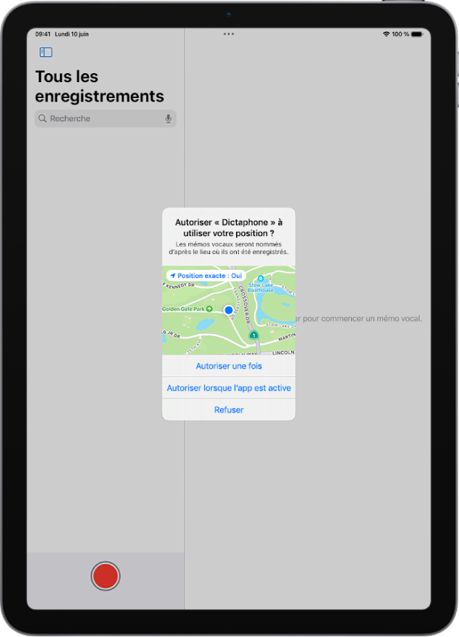 Une requête d’une app pour utiliser les données de localisation sur l’iPad. Les options sont « Autoriser une fois », « Autoriser lorsque l’app est active » et « Ne pas autoriser ».