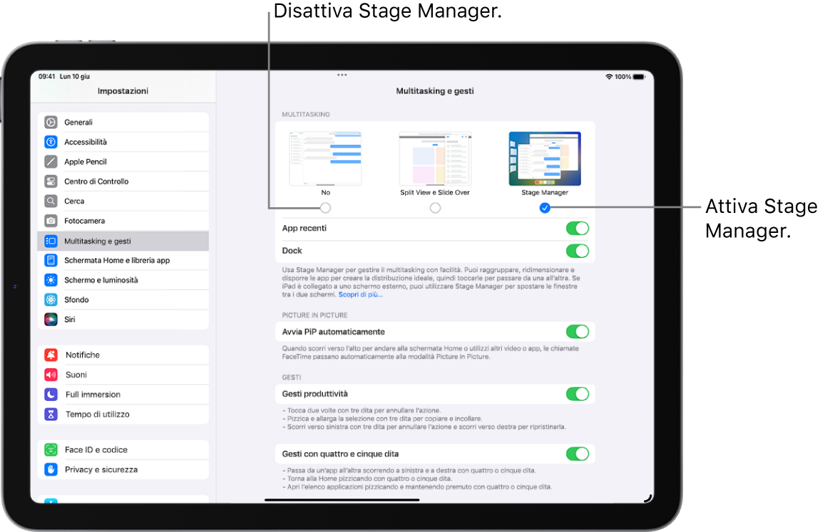 La schermata Impostazioni per attivare o disattivare Stage Manager.