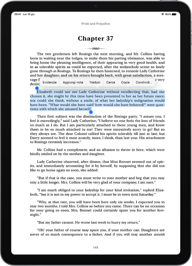 La pagina di un libro nell’app Libri, con una porzione del testo della pagina selezionata. Sopra il testo selezionato sono presenti i pulsanti Evidenzia, “Aggiungi nota”, Traduci, Cerca, Copia e Condividi.