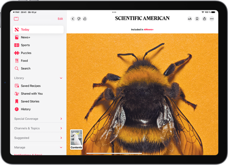 Žurnalo istorija iš „Apple News+“ su žurnalo miniatiūra apatiniame kairiajame kampe. Šoninė juosta yra apačioje, pažymėta parinktis „Šiandien“.